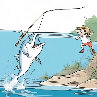 In the cartoon, the character used a harpoon to catch a giant fish.
