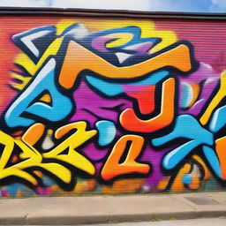 A vibrant graffiti mural on a brick wall, teeming with a blend of complex designs and striking colors