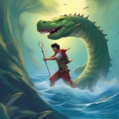 In a mystical land, the brave hero pulls a magical harpoon from his pack and prepares to face the mythical sea serpent.