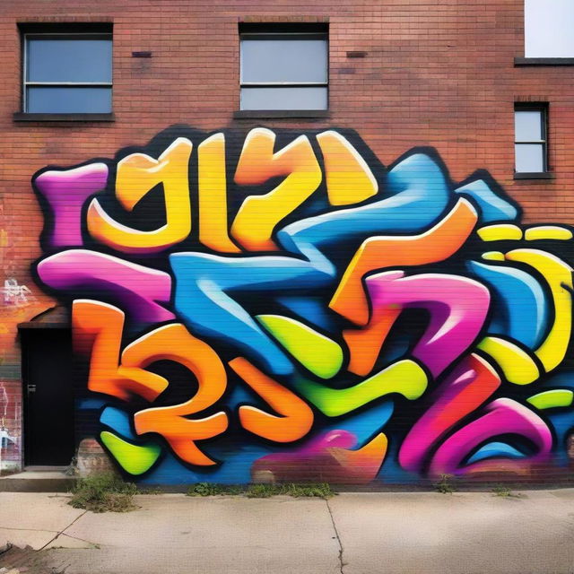 A vibrant graffiti mural on a brick wall, teeming with a blend of complex designs and striking colors