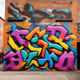 A vibrant graffiti mural on a brick wall, teeming with a blend of complex designs and striking colors