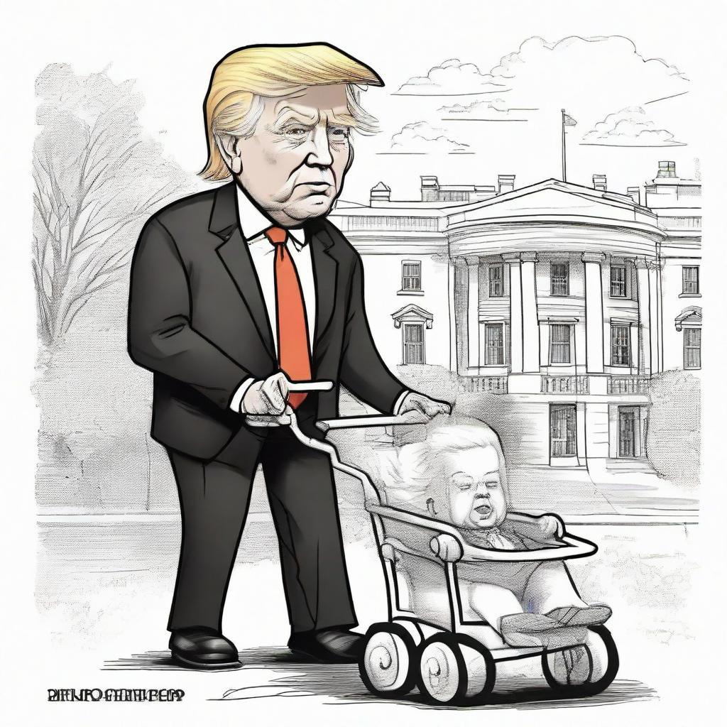 Craft a satirical, hatch ink pen newspaper comic style drawing, representing a brawny caricature of Donald Trump assertively pushing an aged, frail-looking caricature of Joe Biden in a baby stroller, prominently featuring the White House in the background.