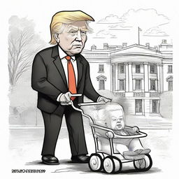 Craft a satirical, hatch ink pen newspaper comic style drawing, representing a brawny caricature of Donald Trump assertively pushing an aged, frail-looking caricature of Joe Biden in a baby stroller, prominently featuring the White House in the background.