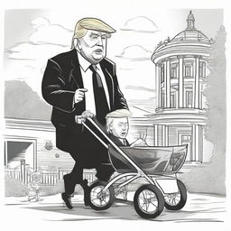 Craft a satirical, hatch ink pen newspaper comic style drawing, representing a brawny caricature of Donald Trump assertively pushing an aged, frail-looking caricature of Joe Biden in a baby stroller, prominently featuring the White House in the background.