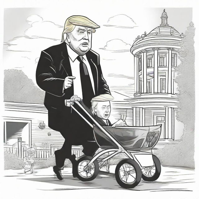 Craft a satirical, hatch ink pen newspaper comic style drawing, representing a brawny caricature of Donald Trump assertively pushing an aged, frail-looking caricature of Joe Biden in a baby stroller, prominently featuring the White House in the background.