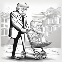 Craft a satirical, hatch ink pen newspaper comic style drawing, representing a brawny caricature of Donald Trump assertively pushing an aged, frail-looking caricature of Joe Biden in a baby stroller, prominently featuring the White House in the background.