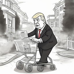 Craft a satirical, hatch ink pen newspaper comic style drawing, representing a brawny caricature of Donald Trump assertively pushing an aged, frail-looking caricature of Joe Biden in a baby stroller, prominently featuring the White House in the background.