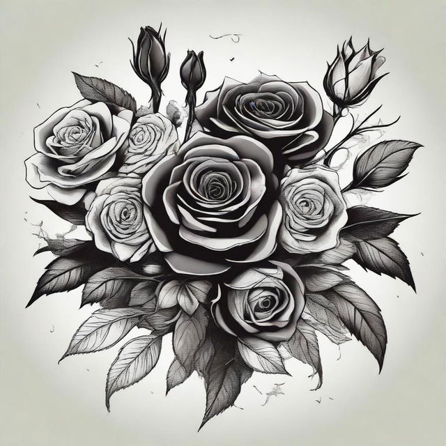 Create a highly intricate and detailed vector art of a gothic rose bouquet, embodying a dark, romantic aesthetic.