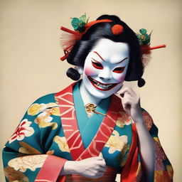 A Japanese woman dressed in colorful traditional attire, gracefully playing a Biwa. A vivid Oni mask rests beside her, adding an unsettling contrast.