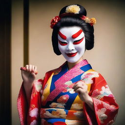 A Japanese woman dressed in colorful traditional attire, gracefully playing a Biwa. A vivid Oni mask rests beside her, adding an unsettling contrast.