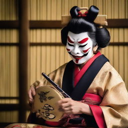 A Japanese woman in traditional attire, wearing an Oni mask, skillfully playing a melodic tune on a Biwa instrument.