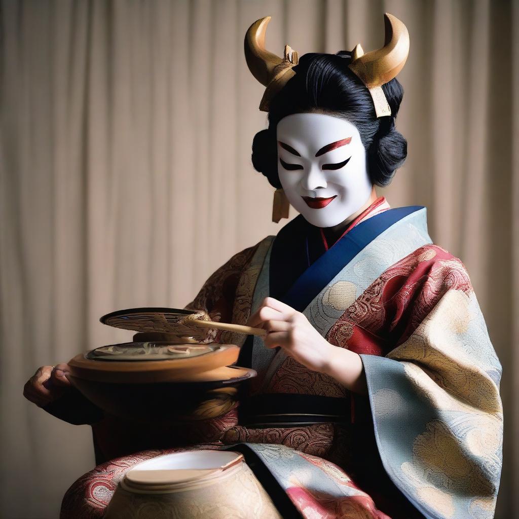 A Japanese woman in traditional attire, wearing an Oni mask, skillfully playing a melodic tune on a Biwa instrument.