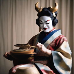 A Japanese woman in traditional attire, wearing an Oni mask, skillfully playing a melodic tune on a Biwa instrument.