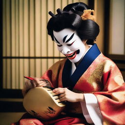 A Japanese woman in traditional attire, wearing an Oni mask, skillfully playing a melodic tune on a Biwa instrument.