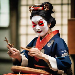 A Japanese woman in traditional attire, wearing an Oni mask, skillfully playing a melodic tune on a Biwa instrument.