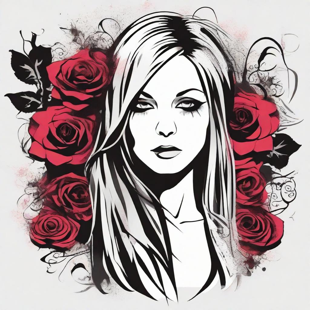 Edit the gothic rose bouquet vector art to incorporate a highly stylized graphic of Avril Lavigne with an extreme emo look, tears streaking her face, and mascara running down.