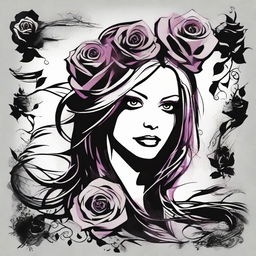 Edit the gothic rose bouquet vector art to incorporate a highly stylized graphic of Avril Lavigne with an extreme emo look, tears streaking her face, and mascara running down.