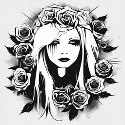 Edit the gothic rose bouquet vector art to incorporate a highly stylized graphic of Avril Lavigne with an extreme emo look, tears streaking her face, and mascara running down.