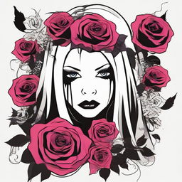 Edit the gothic rose bouquet vector art to incorporate a highly stylized graphic of Avril Lavigne with an extreme emo look, tears streaking her face, and mascara running down.