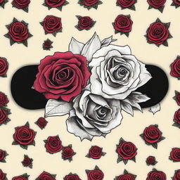 Place the edited graphic of the gothic rose bouquet with emo Avril Lavigne onto a skateboard deck, ensuring it covers the entirety for an eye-catching design.