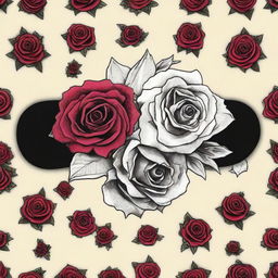 Place the edited graphic of the gothic rose bouquet with emo Avril Lavigne onto a skateboard deck, ensuring it covers the entirety for an eye-catching design.