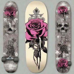 Place the edited graphic of the gothic rose bouquet with emo Avril Lavigne onto a skateboard deck, ensuring it covers the entirety for an eye-catching design.