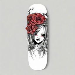 Place the edited graphic of the gothic rose bouquet with emo Avril Lavigne onto a skateboard deck, ensuring it covers the entirety for an eye-catching design.