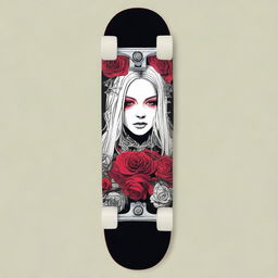 Place the edited graphic of the gothic rose bouquet with emo Avril Lavigne onto a skateboard deck, ensuring it covers the entirety for an eye-catching design.