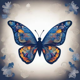 A vibrant butterfly with a midnight blue yin and yang symbol delicately patterned on its wings