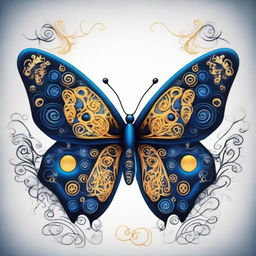 A vibrant butterfly with a midnight blue yin and yang symbol delicately patterned on its wings