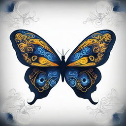 A vibrant butterfly with a midnight blue yin and yang symbol delicately patterned on its wings