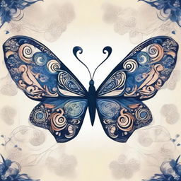 A vibrant butterfly with a midnight blue yin and yang symbol delicately patterned on its wings