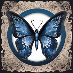 A striking butterfly with a dark midnight blue yin and yang emblem intricately patterned on its wings