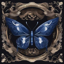 A striking butterfly with a dark midnight blue yin and yang emblem intricately patterned on its wings