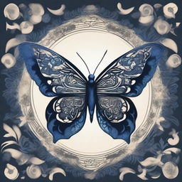 A striking butterfly with a dark midnight blue yin and yang emblem intricately patterned on its wings