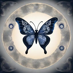 A striking butterfly with a dark midnight blue yin and yang emblem intricately patterned on its wings