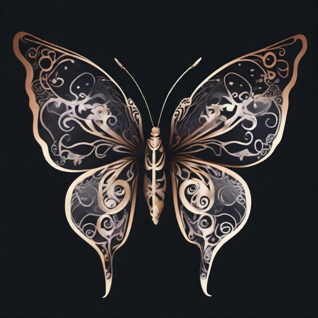 A captivating butterfly with a yin and yang symbol patterned on its wings, set against a dark midnight backdrop.