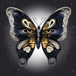 A captivating butterfly with a yin and yang symbol patterned on its wings, set against a dark midnight backdrop.