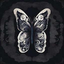 A captivating butterfly with a yin and yang symbol patterned on its wings, set against a dark midnight backdrop.