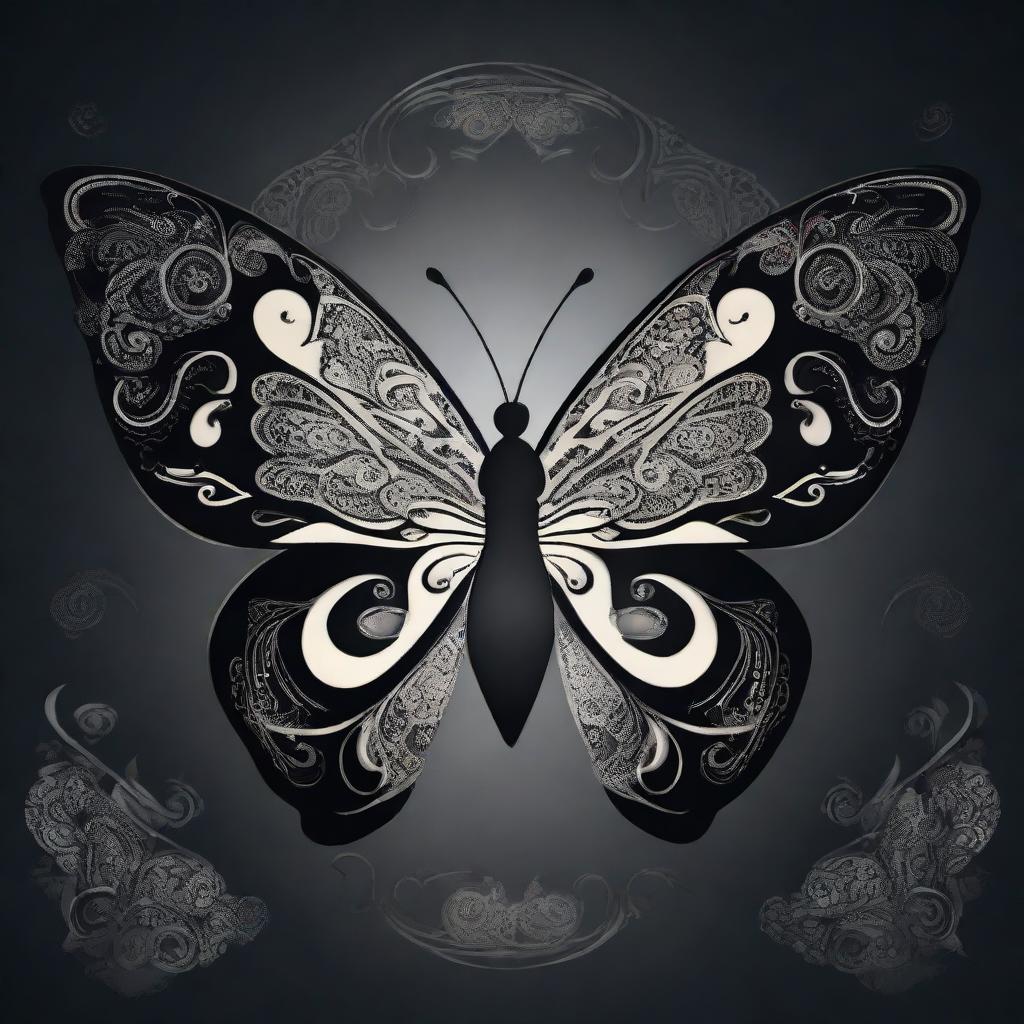 A captivating butterfly with a yin and yang symbol patterned on its wings, set against a dark midnight backdrop.