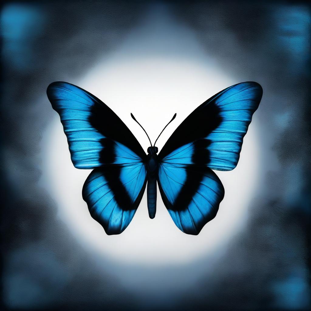 An intriguing image of a half butterfly with a dark midnight yang symbol, subtly highlighted with a touch of blue, against a contrasting backdrop.