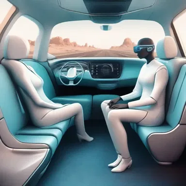 In the futuristic world of the science fiction novel, autonomous cars chauffeur passengers as they relax in the backseat.