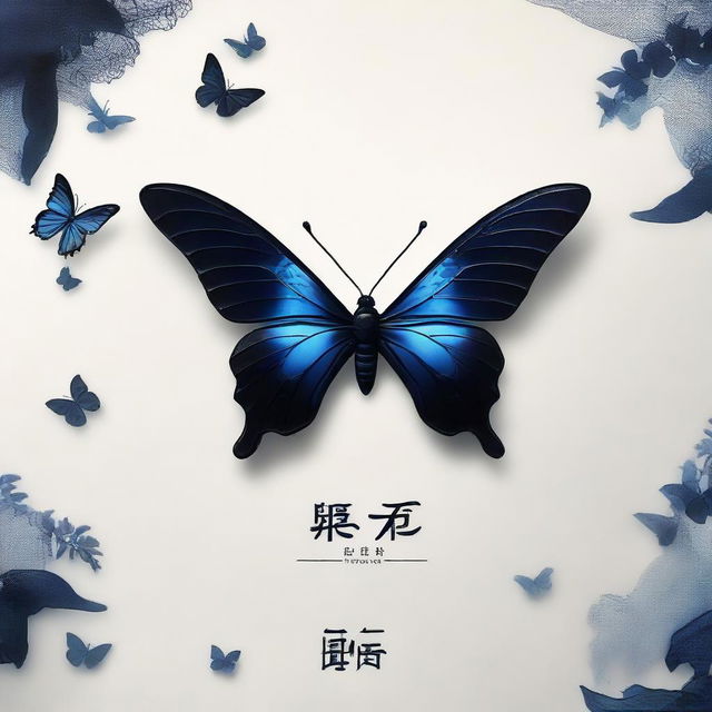 An immersive image featuring a half butterfly with a dark midnight yin logo infused with a hint of blue, elegantly combined with the name 希望.