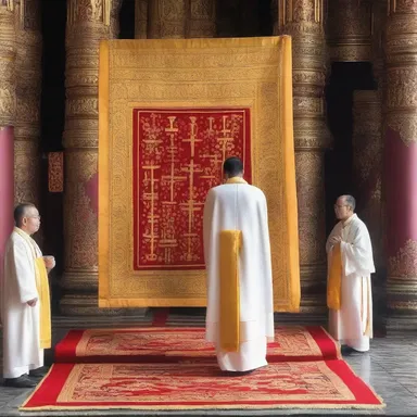 During the religious procession, the priest used a gaff to hang up a sacred cloth on the altar.