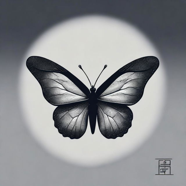 A captivating image of a half butterfly with a dark midnight yin logo subtly infused with gray, adorned with the name 希望.