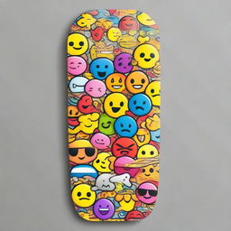 A skateboard deck adorned with a striking vector graphic design, incorporating various colorful and expressive emojis.