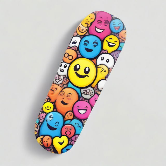 A skateboard deck adorned with a striking vector graphic design, incorporating various colorful and expressive emojis.