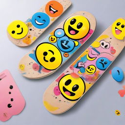 A skateboard deck adorned with a striking vector graphic design, incorporating various colorful and expressive emojis.