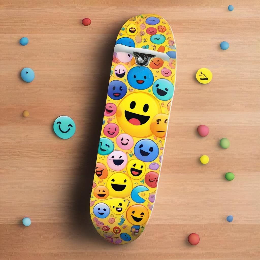 A skateboard deck adorned with a striking vector graphic design, incorporating various colorful and expressive emojis.