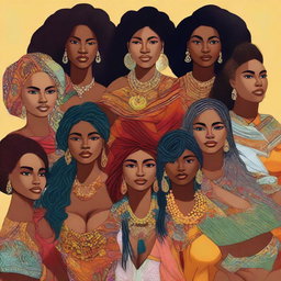 A high-quality digital art piece showcasing a diverse group of women